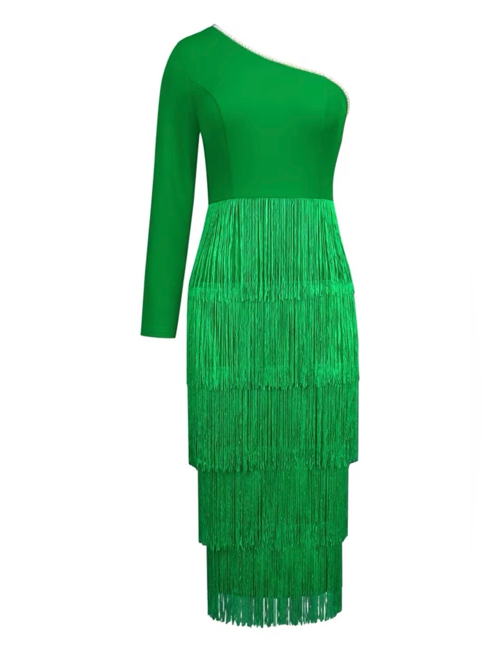 Green One-Shoulder Fringe Midi Dress